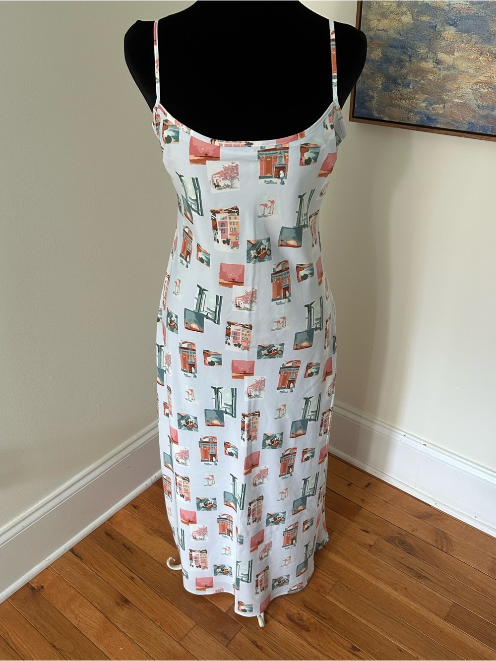 Abercrombie Fitch Small Maxi Dress Blue Scenic Print Spaghetti Strap Travel